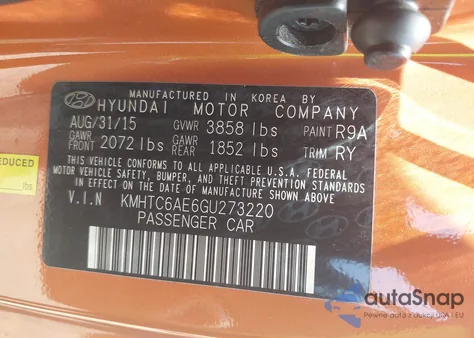 2016 Hyundai Veloster Turbo from USA, damaged, VIN KMHTC6AE6GU273220